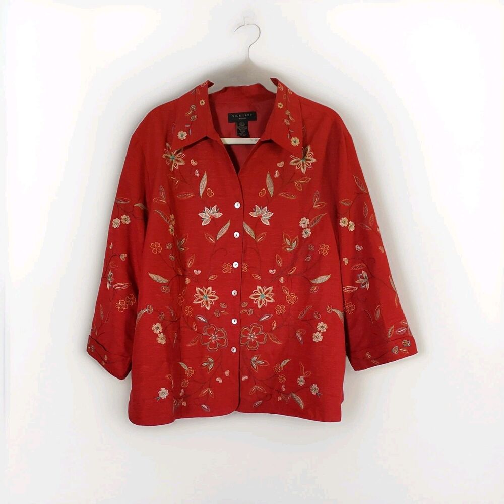 Silkland Women's Vintage Red Embroidered 100% Silk Floral Jacket Plus Size 2X